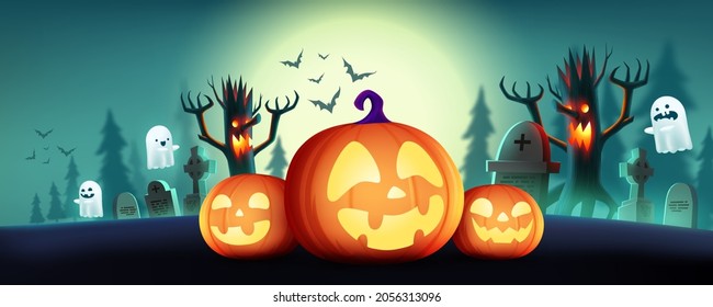 Halloween Fullmoon Horizontal banner or background with Halloween pumpkins,cute ghost and moonlight in the graveyard. Flyer or invitation template for Halloween party. Vector illustration EPS10