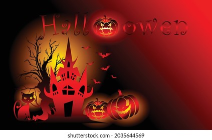Halloween Fullmoon Poster, Witch, Haunted House, Pumpkin and Bat. vector illustration eps 10