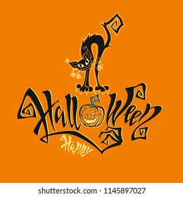 Halloween. A fun card for all saints ' Day. Magical magic lettering. Funny cartoon black cat monster. Bat. Orange background. Vector.