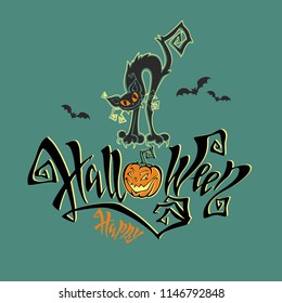 Halloween. A fun card for all saints ' Day. Magical magic lettering. Funny cartoon black cat monster. Bat. Pumpkin. Green background. Vector.