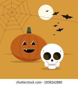 Halloween fun cartoon vector illustration with Jack O Lantern, skull  and bats in the sky. Holiday vibes, promotion, banner, graphic elements, spooky atmosphere, geometric simplistic. banner ad.