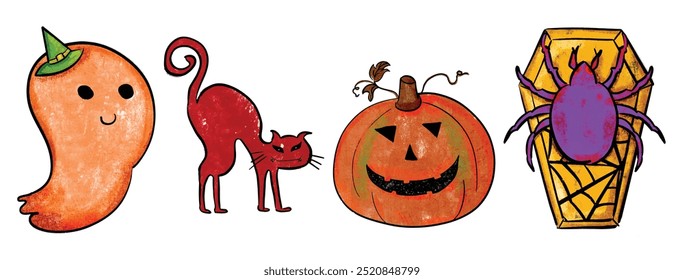 Halloween Fun Elements set Spooky  colorful night Bat Pumpkin Skull Red Cat Ghost Cuffin Skeleton