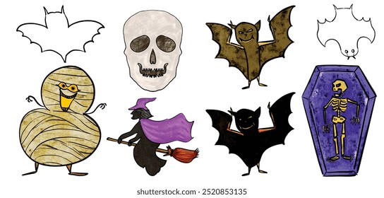 Halloween Fun Elements set Spooky  colorful night Bat Pumpkin Skull Red Cat Ghost Cuffin Skeleton