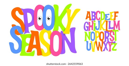 Halloween Fun Font, Funny Cartoon Alphabet with Colorful Letters and Funny Eyes. Childish Type for Spooky Season Lettering, Trick or Treat Quotes, Kids Crafts, Posters, Stickers, Tee. Vector Typeset