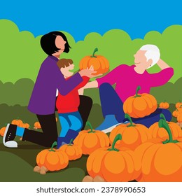 Halloween Fun: LGBTQ+ Parents and Kids in Everyday Life - Two moms and their son picking pumpkins in the field for Halloween