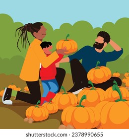 Halloween Fun: LGBTQ+ Parents and Kids in Everyday Life - Two dads and their son picking pumpkins in the field for Halloween