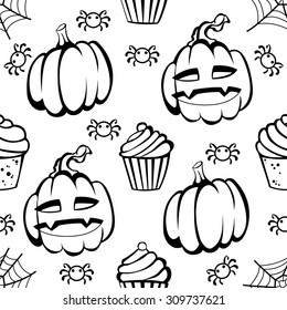 halloween fun and spooky black and white pattern with pumpkins, spiders and cupcakes