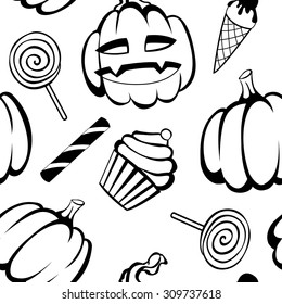 halloween fun and spooky monochrome pattern with pumpkin and candies