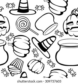 halloween fun and spooky pattern with witch hat, cauldron, pumpkins and spiders