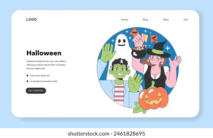Halloween Fun web or landing set. Costumed characters enjoying trick-or-treating with spooky elements and a jack-o'-lantern. Flat vector illustration