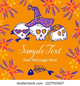 Halloween Funky Skulls Vector Frame Background