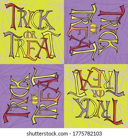 Halloween funky trick or treat typography vector seamless pattern background. Orange and neon green check backdrop with hand drawn lettering. Spooky geometric all over print for party products