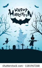 Halloween Funny Background with Witch and Bat, Haunted House, trees, Moon, Spider, cemetery