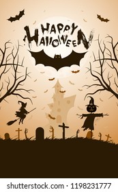 Halloween Funny Background with Witch and Bat, Haunted House, trees, Moon, Spider, cemetery
