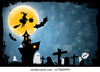 Halloween Funny Background with Witch and Haunted House, Bats, Moon and Spider