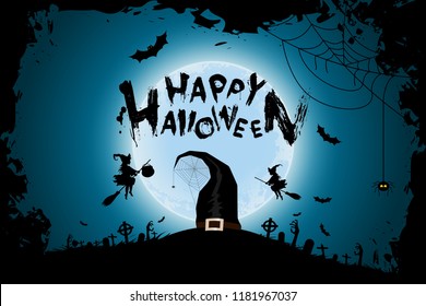 Halloween Funny Background with Witches and Cemetery, Bats, Moon and Spider