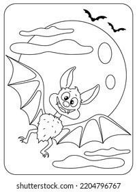 Halloween. Funny bat in the sky. Moon, clouds. Vector black and white illustration. Coloring.