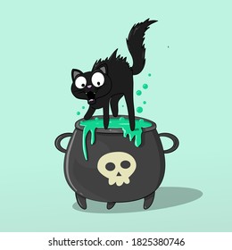 Halloween Funny black cat illustration with cauldron