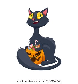 Halloween. funny black cat and pumpkin with sweets