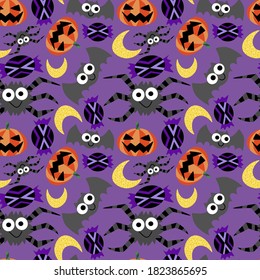 Halloween funny cartoon characters vector seamless pattern. Simple happy spiders, bats, pumpkins, moons and candies on violet background endless texture. One of a series.
