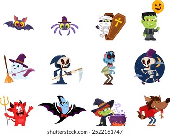 Halloween Funny Cartoon Characters. Vector Flat Design Collection Set Isolated On Transparent Background