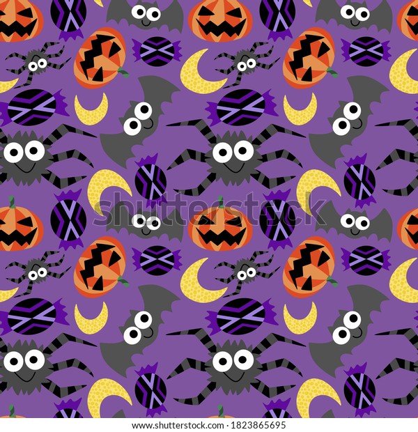 Halloween funny cartoon\
characters vector seamless pattern. Simple happy spiders, bats,\
pumpkins, moons and candies on violet background endless texture.\
One of a series.
