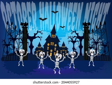 Halloween funny cartoon dancing skeleton isolated on black  haunted house on blue moon background. flat design vector illustration.