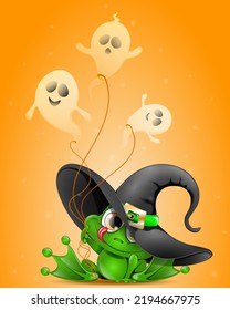 Halloween funny cartoon frog in witch hat with ghosts balloons  f