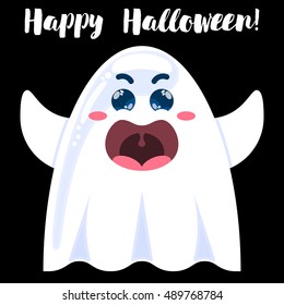 Halloween funny cartoon ghost. Design for poster or flyer