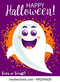 Halloween funny cartoon ghost. Design for poster or flyer