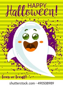 Halloween funny cartoon ghost. Design for poster or flyer