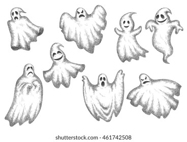 Halloween funny cartoon ghosts vector icons. Cute and scary artistic spooks with face expressions