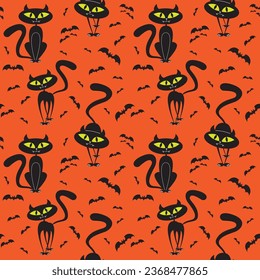 Halloween funny cat and bats on colorful background. Vector illustration.