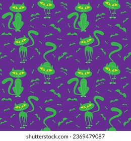 Halloween funny cat and bats on colorful background. Vector illustration.