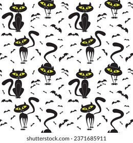Halloween funny cat and bats on white background. Vector illustration.