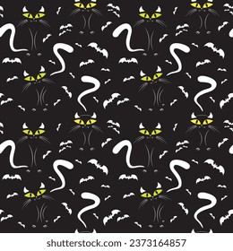 Halloween funny cat and bats on black background. Vector illustration.