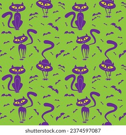 Halloween funny cat and bats on colorful background. Vector illustration.