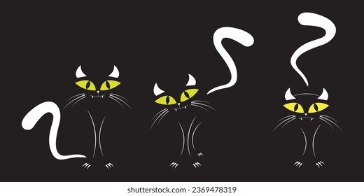 Halloween funny cat set collection in various positions isolated icon on black background. Vector illustration.