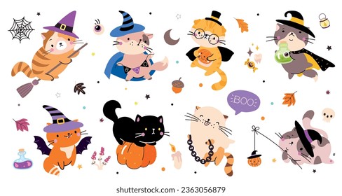 Halloween funny cats. Cute cat on pumpkin and broomstick, kitty ghost and bat. Kittens in spooky costumes, dracula and witch hat nowaday vector characters