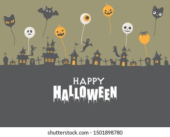 Halloween funny character balloons floating in the Halloween cityscape. vector illustration. 