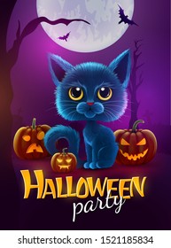 Halloween funny characters. Black cat with big eyes and glowing pumpkin. Invitation card for party and sale. Autumn holidays. Vector illustration EPS10.