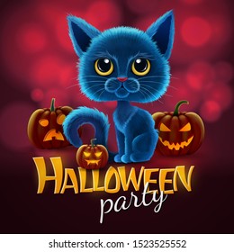 Halloween funny characters. Black cat with big eyes and glowing pumpkin. Invitation card for party and sale. Autumn holidays. Vector illustration EPS10.