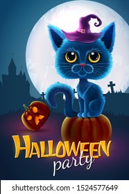 Halloween funny characters. Black cat with big eyes and glowing pumpkin. Invitation card for party and sale. Autumn holidays. Vector illustration EPS10.