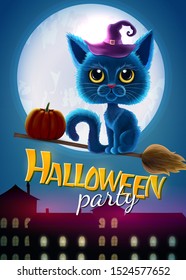 Halloween funny characters. Black cat with big eyes and glowing pumpkin. Invitation card for party and sale. Autumn holidays. Vector illustration EPS10.