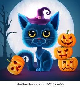 Halloween funny characters. Black cat with big eyes and glowing pumpkin. Invitation card for party and sale. Autumn holidays. Vector illustration EPS10.