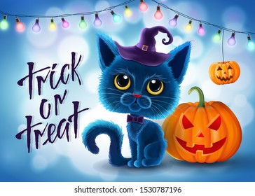 Halloween funny characters. Black cat with big eyes and glowing pumpkin. Invitation card for party and sale. Autumn holidays. Vector illustration EPS10.