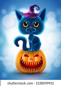 Halloween funny characters. Black cat with big eyes and glowing pumpkin. Invitation card for party and sale. Autumn holidays. Vector illustration EPS10.