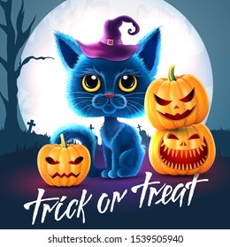 Halloween funny characters. Black cat with big eyes and glowing pumpkin. Invitation card for party and sale. Autumn holidays. Vector illustration EPS10.