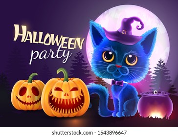 Halloween funny characters. Black cat with big eyes and glowing pumpkin. Invitation card for party and sale. Autumn holidays. Vector illustration EPS10.