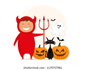 Halloween funny characters. Boy in costume devil witn ghost, pumpkin and black cat isolated on white background. Vectro illustration.